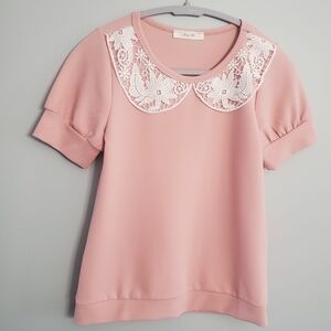 Jessy B Woman's Pink Top Vintage Style With White Lace Peter Pan Collard Sz XS